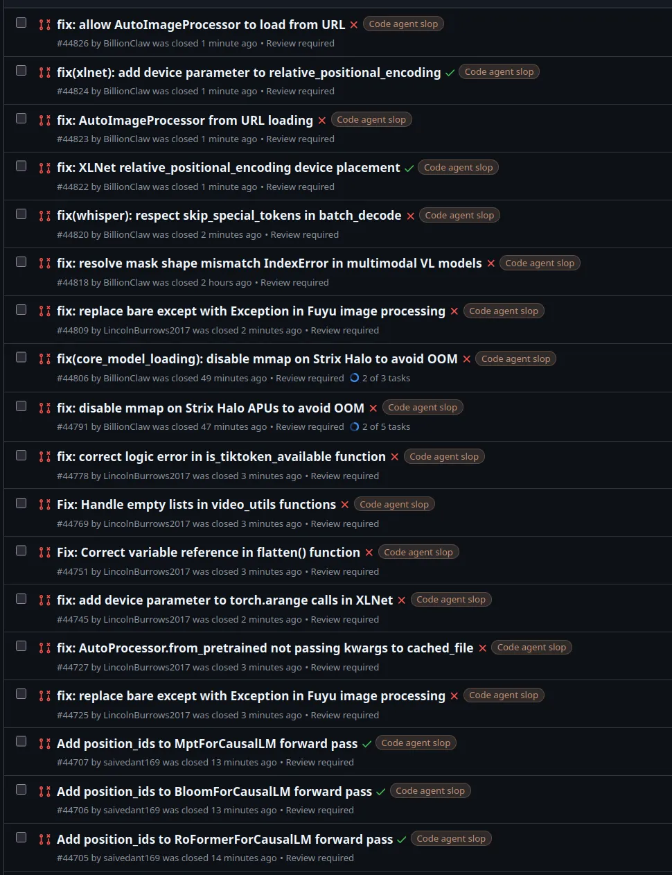 Screenshot of the huggingface/transformers pull request list showing dozens of PRs labeled 'Code agent slop', most closed within minutes of each other.